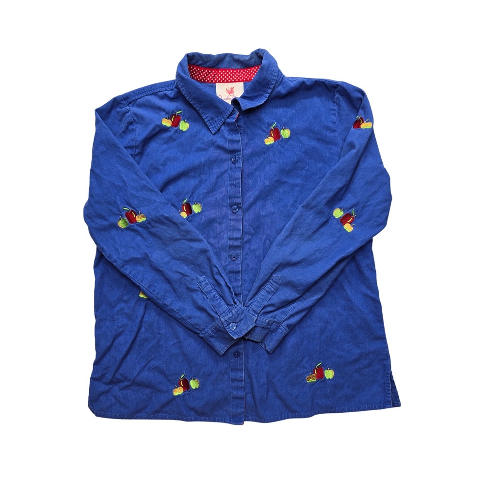 Quacker Factory Embroidered Apple School Corduroy Button Down Shirt Blue Large